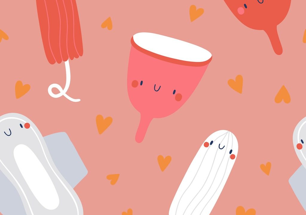 super cute vector texture with menstrual cups pads tampons and hearts vector id1168569634 e1568918740731