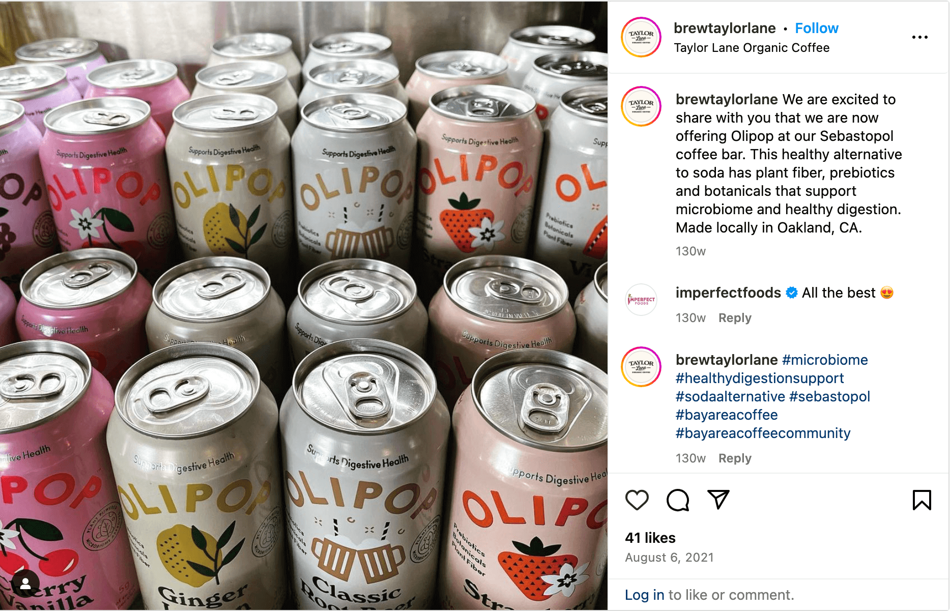 @brewtaylorlane Instagram post of of rows of Olipop soda cans