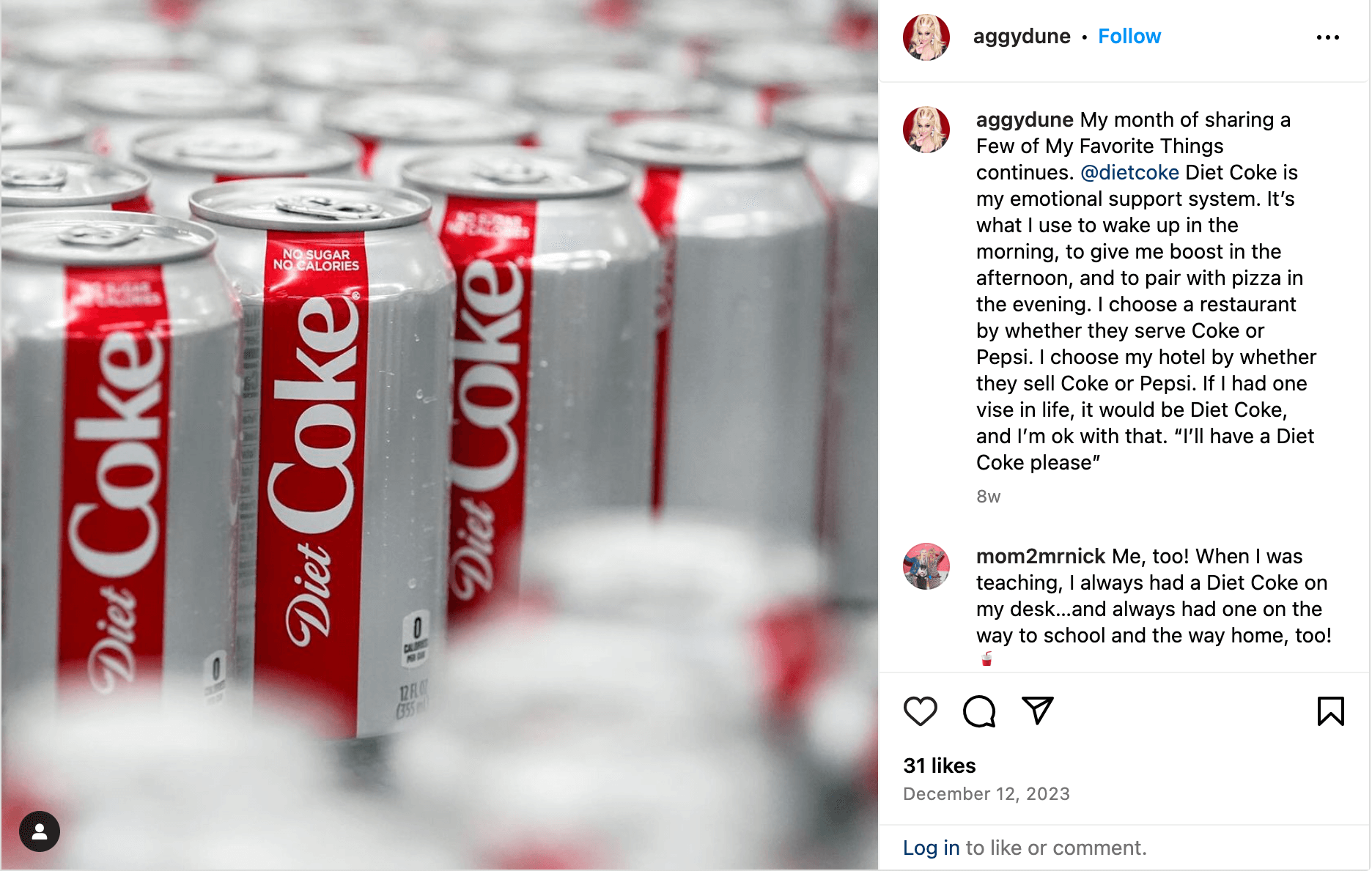 Instagram post by @aggydune, of multiple cans of Diet Coke