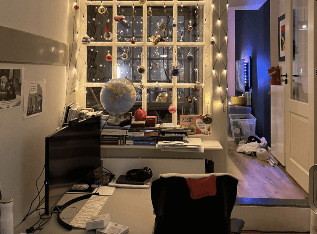 home office with fairy lights from Reddit