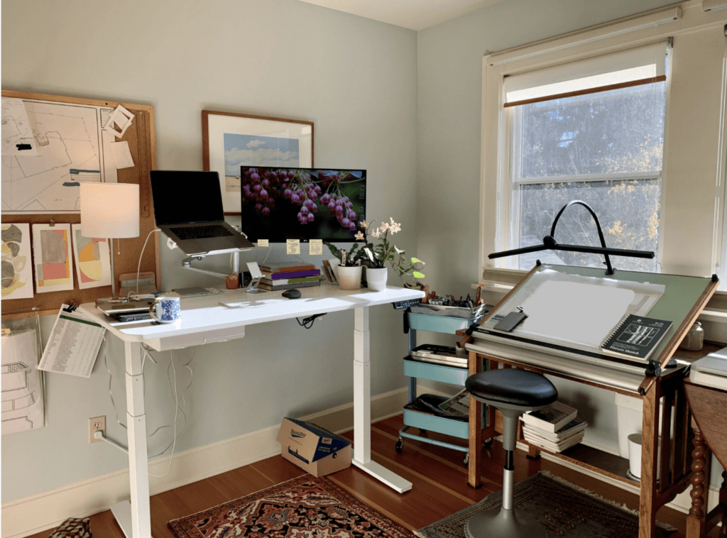 home office with cork board from Reddit