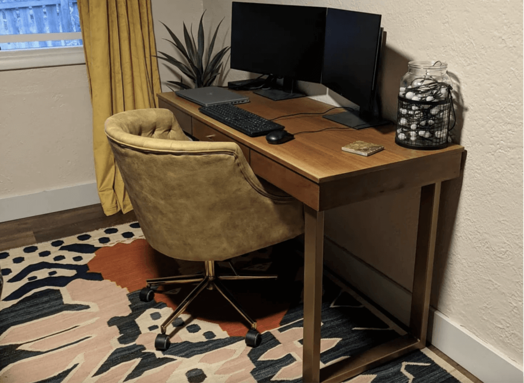 home office with colorful rug from reddit