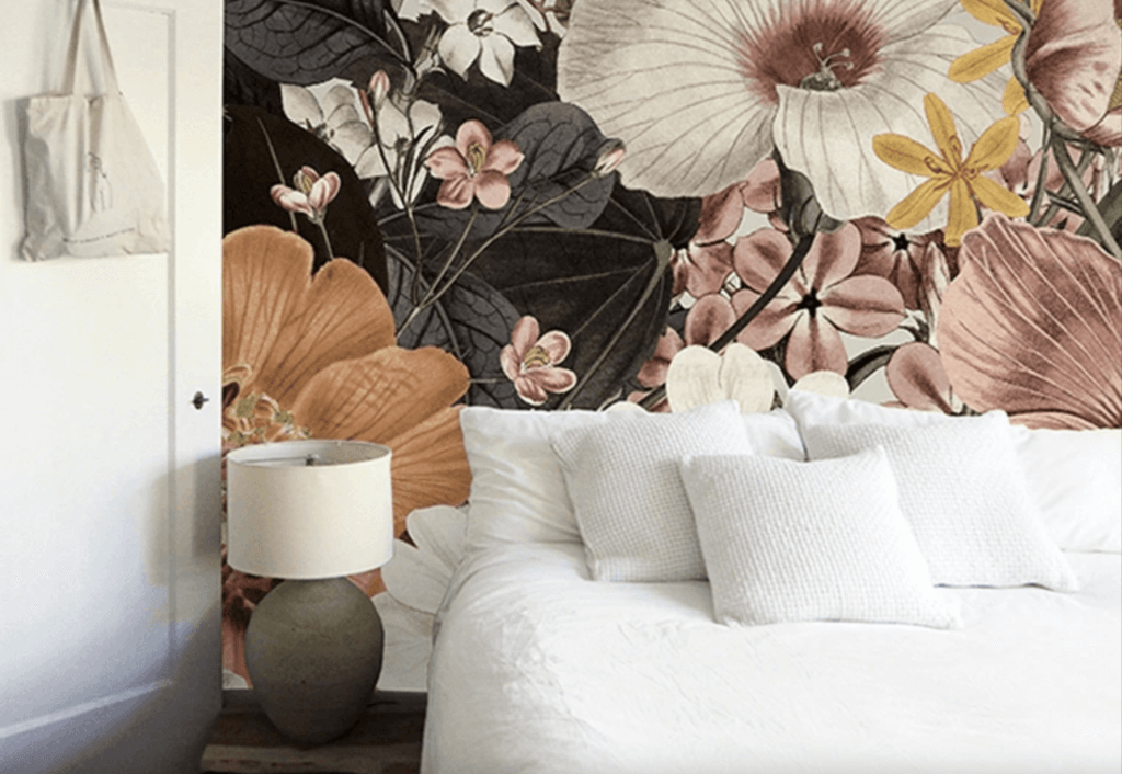 bedroom with floral wallprint