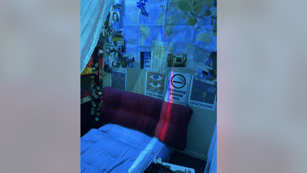 bedroom decor in blue lighting