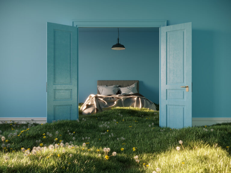 A surreal scene includes a green home covered grass with blue walls