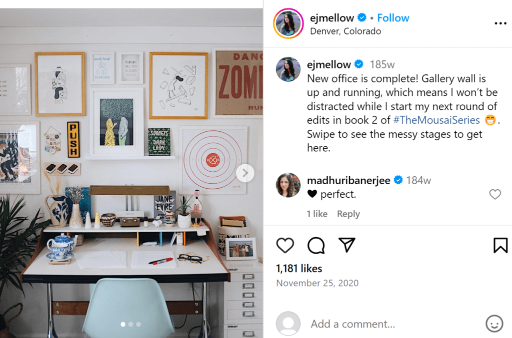 Modern minimalist gallery wall with a narrow bookshelf in the middle, featuring one book of sonnets. 