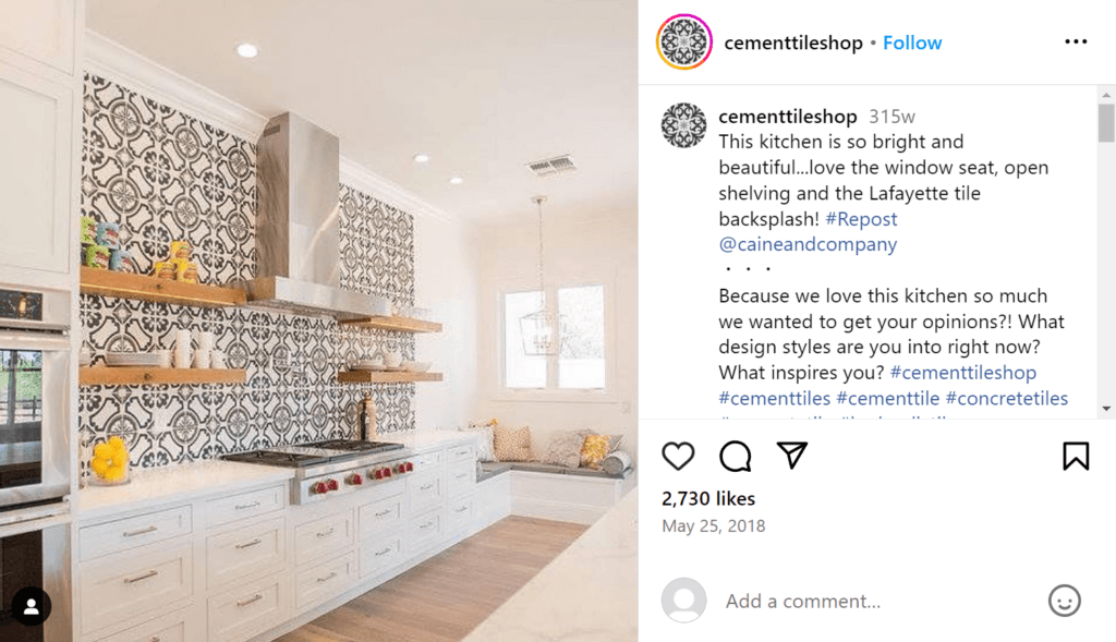 Modern white kitchen with a black-and-white mosaic back splash, wooden open floating shelves placed on the wall allow the backsplash to show through.