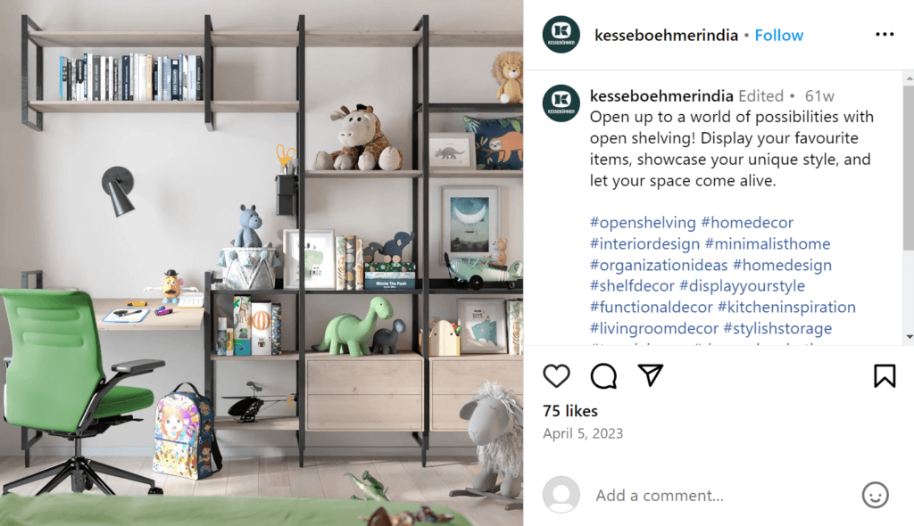 Open shelves in a child's room. Shelves are black metal and wood in a modern style, with toys, books, and pictures lining them.