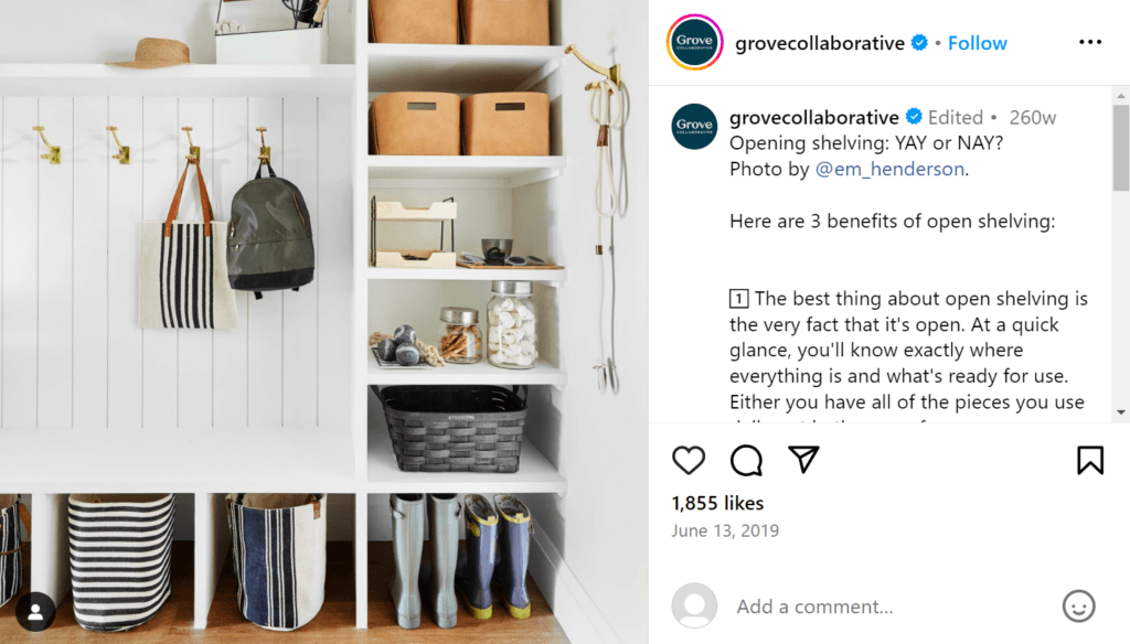 White home entryway cupboard with open shelves, featuring bags, dog treats, some baskets, and rain boots.