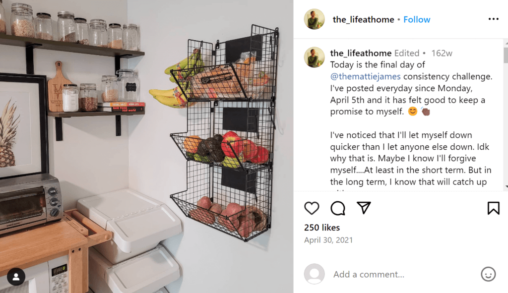 Corner of a kitchen showing open shelves to the left with canisters full of ingredients and an open hanging basket with three compartments containing fruit on the right.