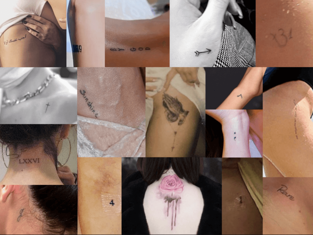 a collage of selena gomez's different tattoos