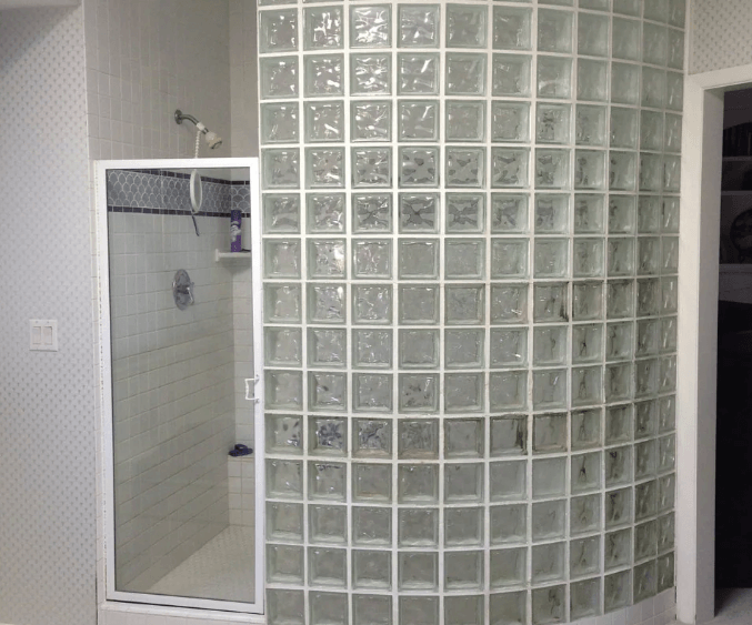 Glass block wall around a shower