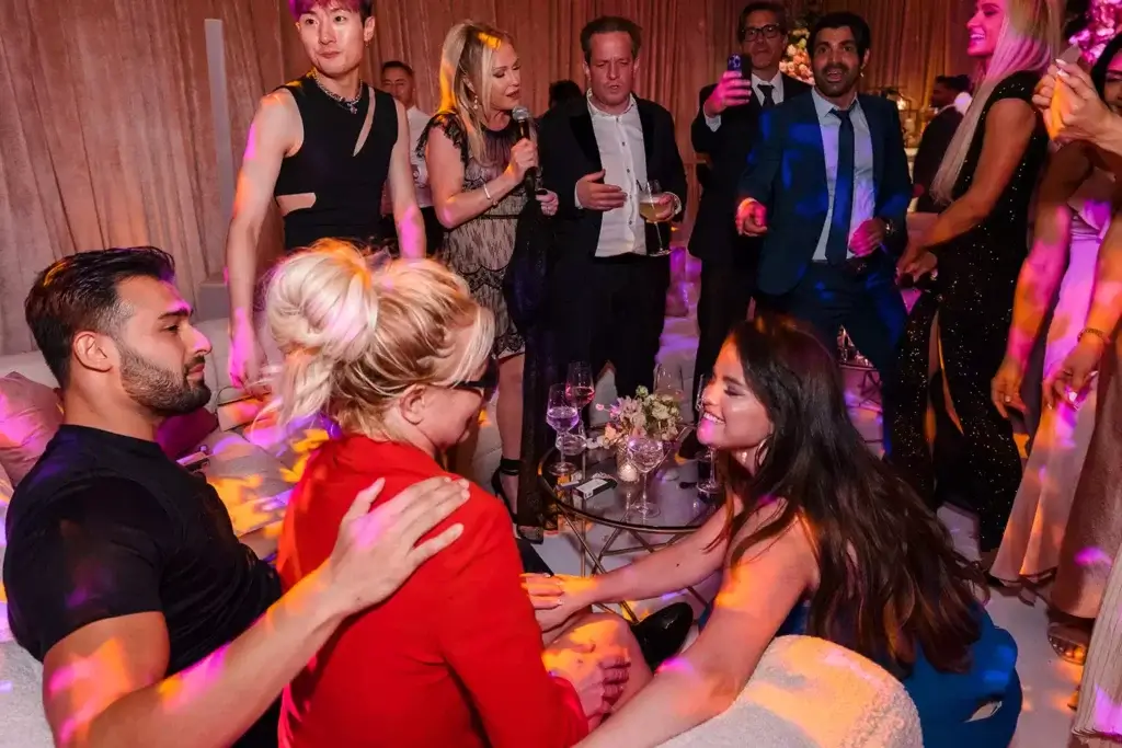 Selena Gomez greeting Britney Spears and Sam Asghari at their 2022 wedding.