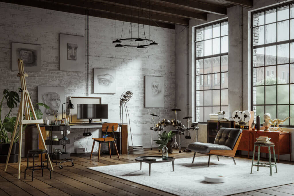 digitally rendered industrial style apartment