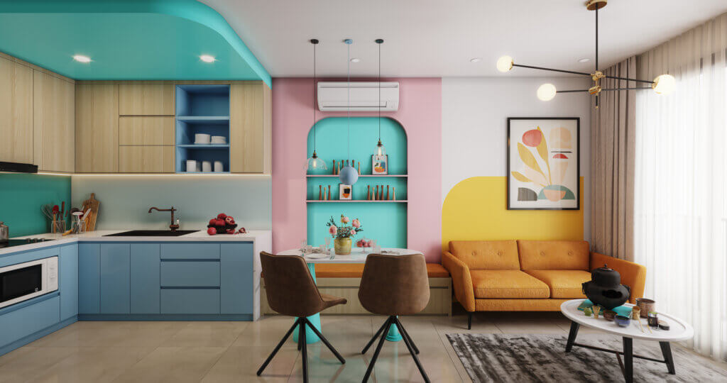 Digitally generated cozy and modern small apartment interior scene.