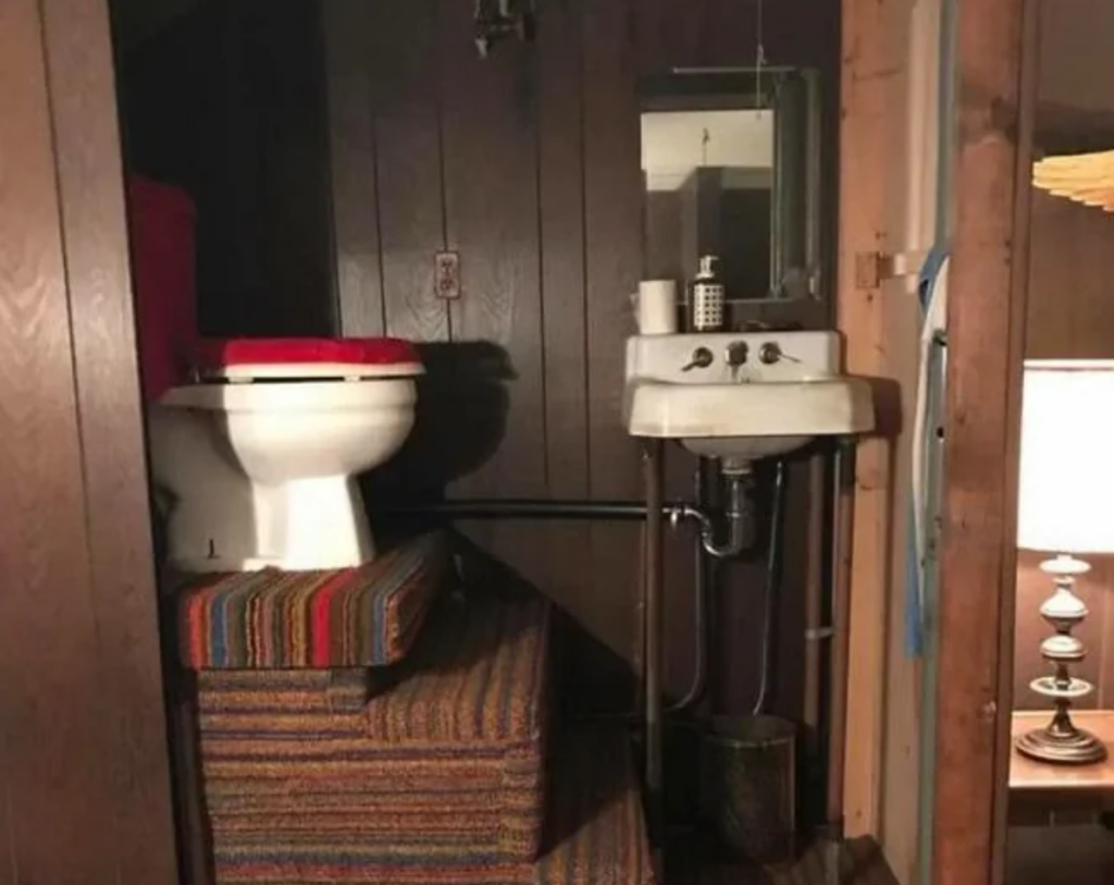 A raised toilet with a red seat cover sits atop a platform covered in striped carpet, next to a small, wall-mounted sink with visible plumbing beneath. The setup appears unconventional and possibly a DIY project, with a wooden-paneled wall background and a lamp visible in an adjacent room.