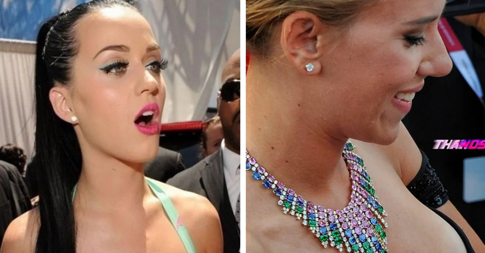 A split image shows Katy Perry and Scarlett Johansson at different events. On the left, Katy Perry has her hair in a high ponytail, wearing vibrant makeup and a light blue dress, with her mouth slightly open. On the right, Scarlett Johansson smiles while looking down, wearing a colorful, multi-gem necklace and a black dress. The background is filled with other attendees, highlighting the lively atmosphere of the events.