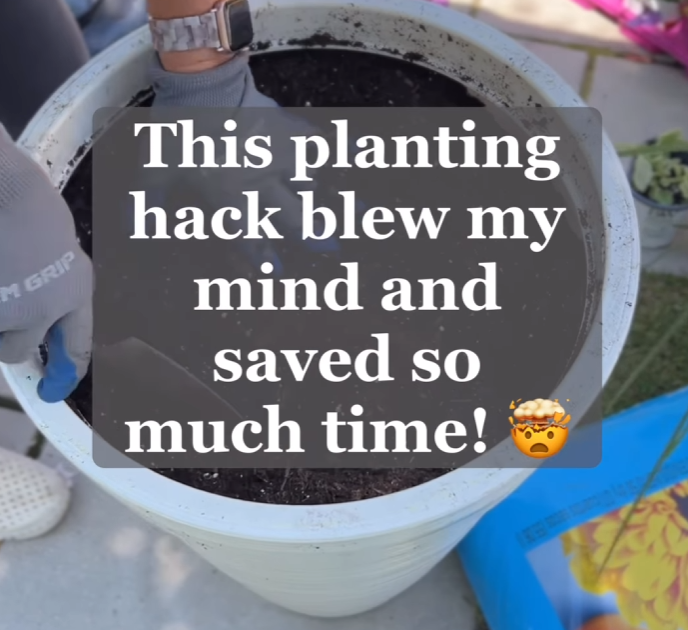 A person wearing gardening gloves is seen preparing soil in a large white planter, with a text overlay that reads, "This planting hack blew my mind and saved so much time!" The image captures a moment of gardening efficiency and excitement about a time-saving tip.