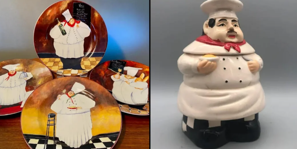 A collection of kitchen decor from the 90s and 2000s featuring a set of four decorative plates and a ceramic cookie jar, all depicting a cheerful chef in various cooking poses. The plates show the chef holding a wine bottle, mixing a bowl, serving pasta, and carrying baguettes, all set against a warm, rustic background. The ceramic cookie jar is shaped like a plump chef with a red scarf and a white chef's hat, holding a small loaf of bread.