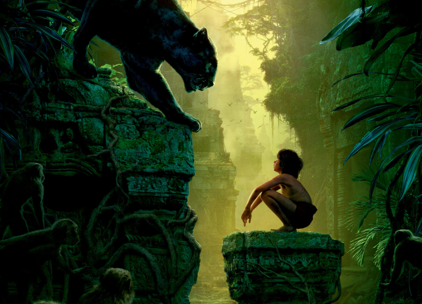 An image from "The Jungle Book" (2016) featuring Mowgli, a young boy, crouching on a stone platform in a dense jungle, facing a black panther, Bagheera, who is perched on another stone structure. The background is filled with lush greenery and ancient ruins.