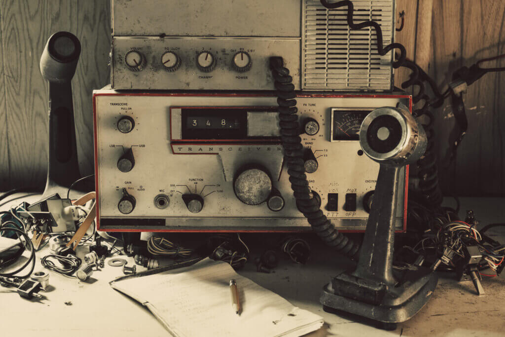 Vintage amateur radio and microphone.