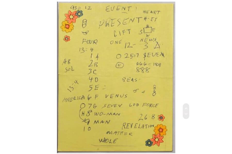 A piece of paper with Elvis handwritten numerology notes