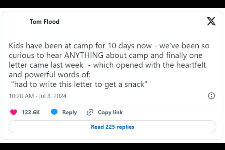 funny tweet about kid letter from camp