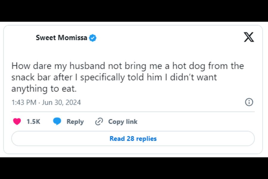 Woman complaining about her husband not bringing her a hot dot even when she said she didn't wanted one