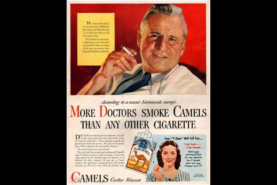 vintage ad of a doctor recommending camel cigarettes