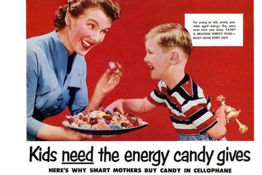 mom offering a kid candy on a vintage add