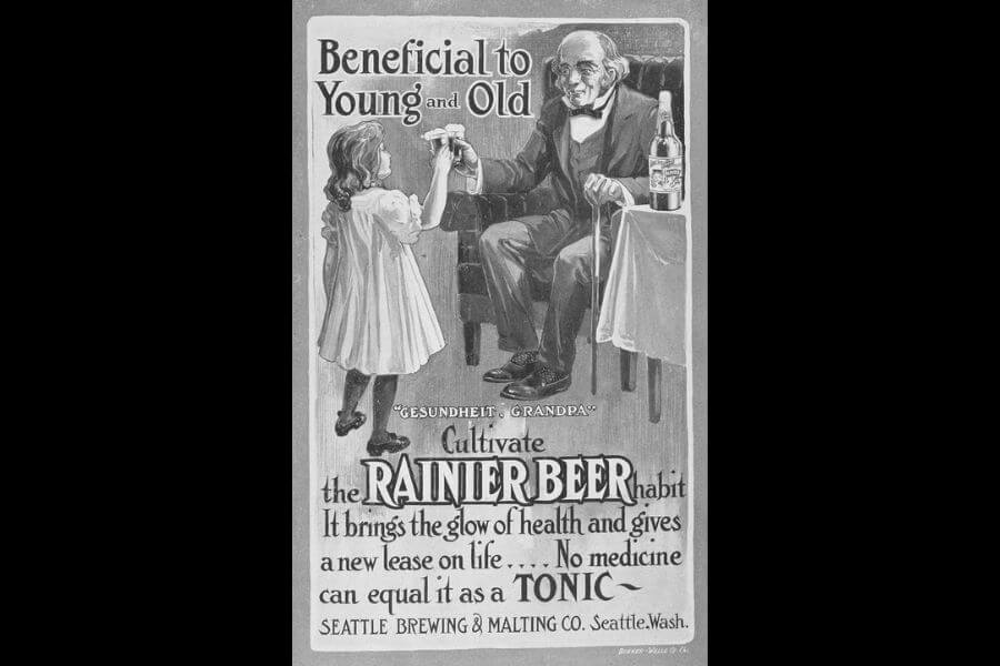 ad of a young girl and an old man drinking beer