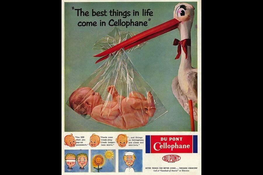 vintage ad of a baby inside a transparent cellophane bag