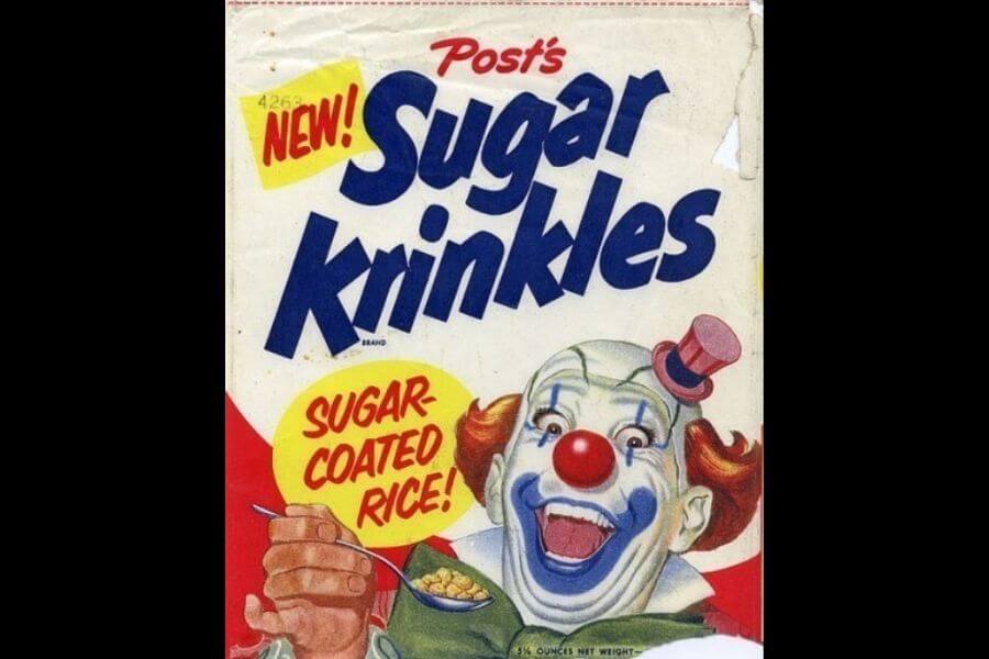 scary looking clown on a cereal ad