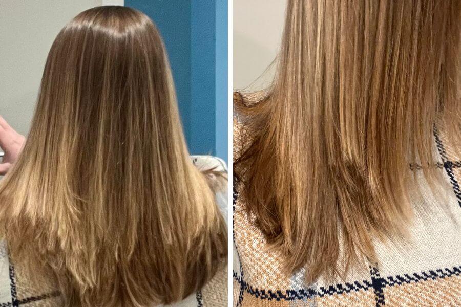 Two pictures of different angles showcasing the blonde uneven haircutof a young women.