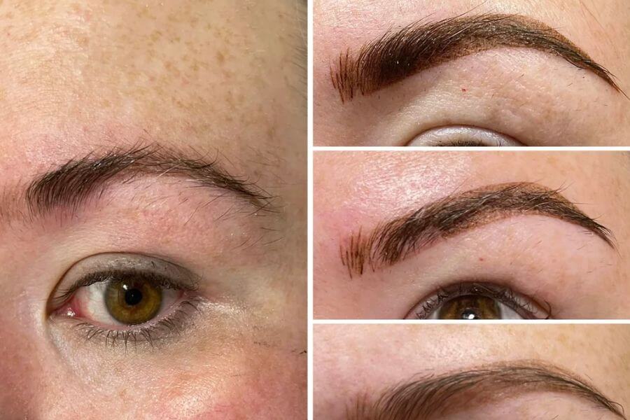 Four pictures showcasing diffeents stages of the brow microblading healing process. 