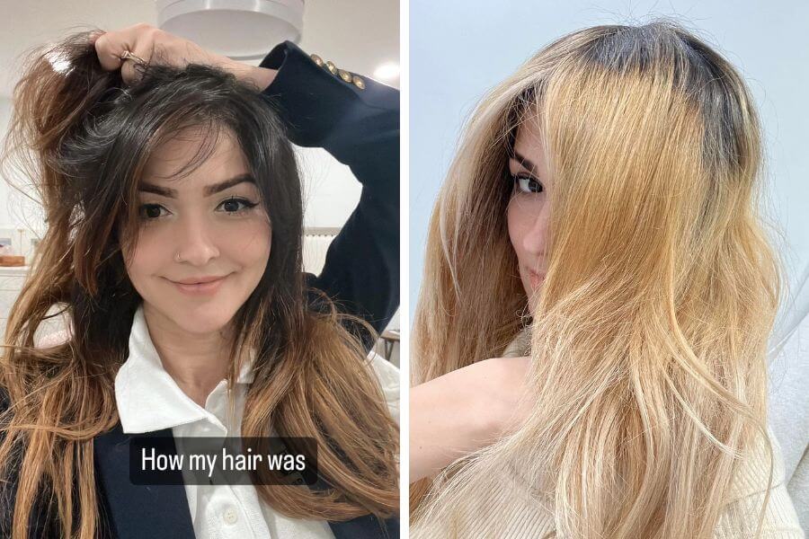 Two pictures showing the before and after of a young woman belaching her hair. In the first picture she has chocolate hair and in the second one she is blonde.