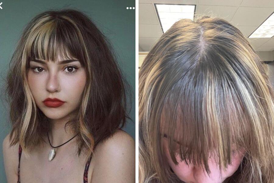 A pretty young female model showcasing a bleached fringe hair vs a poorly bleached fringe