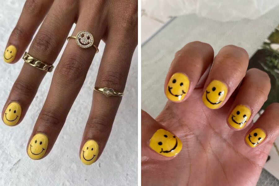 Comparison between a well done and a poorly done manicure of yellow nails with happy smiles