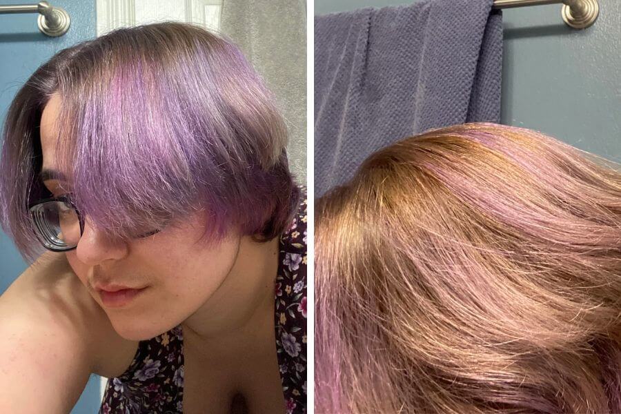 Different angles of a young woman's lavender dyed hair