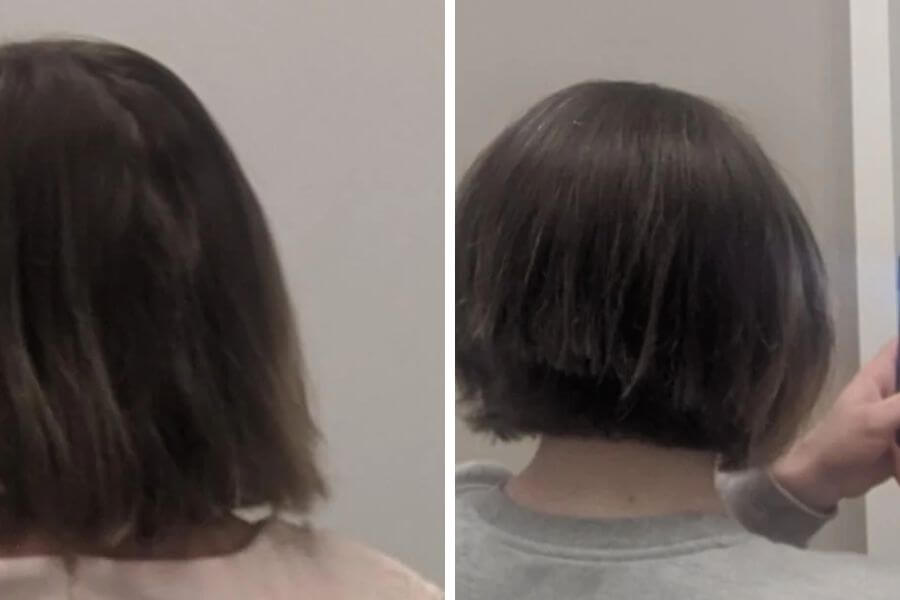 Two pictures of a bob cut taken from the back 