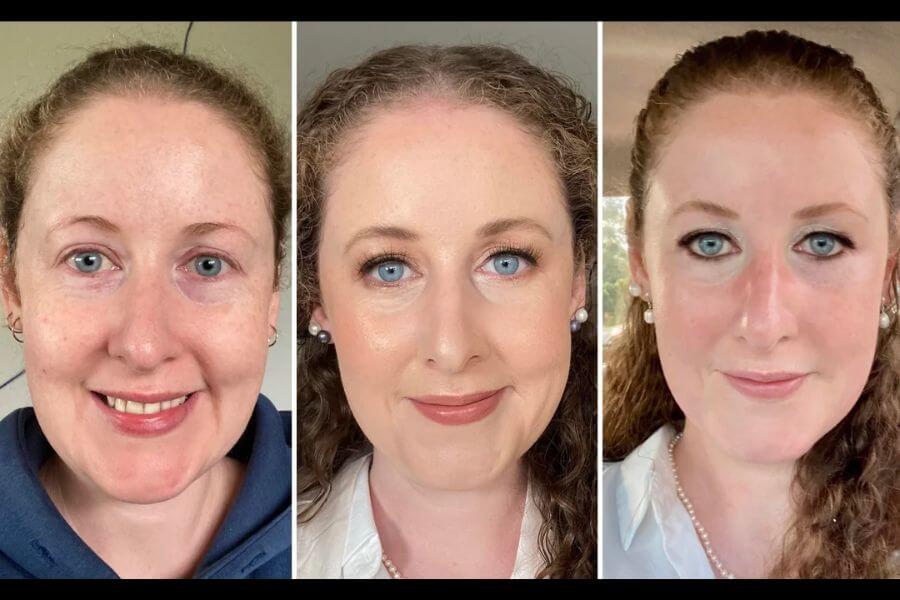 Three portraits of the same woman. She is in her late twenties. He has white skin and curly hair. The first one shows her face without make up and the two others show her face with heavy make up on.