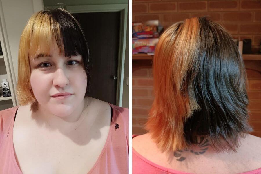 Two pictures of the same woman showing different angles of her bad haircut. 