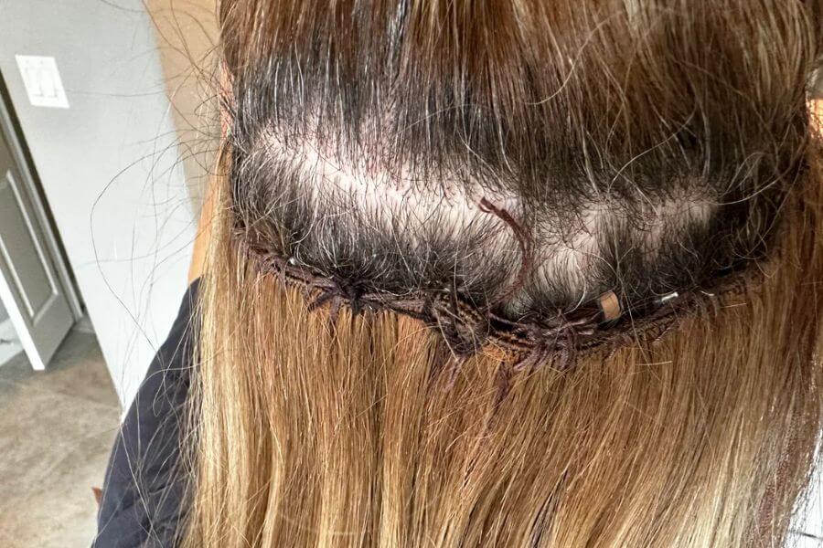 poorly applied hair extensions on a woman's head