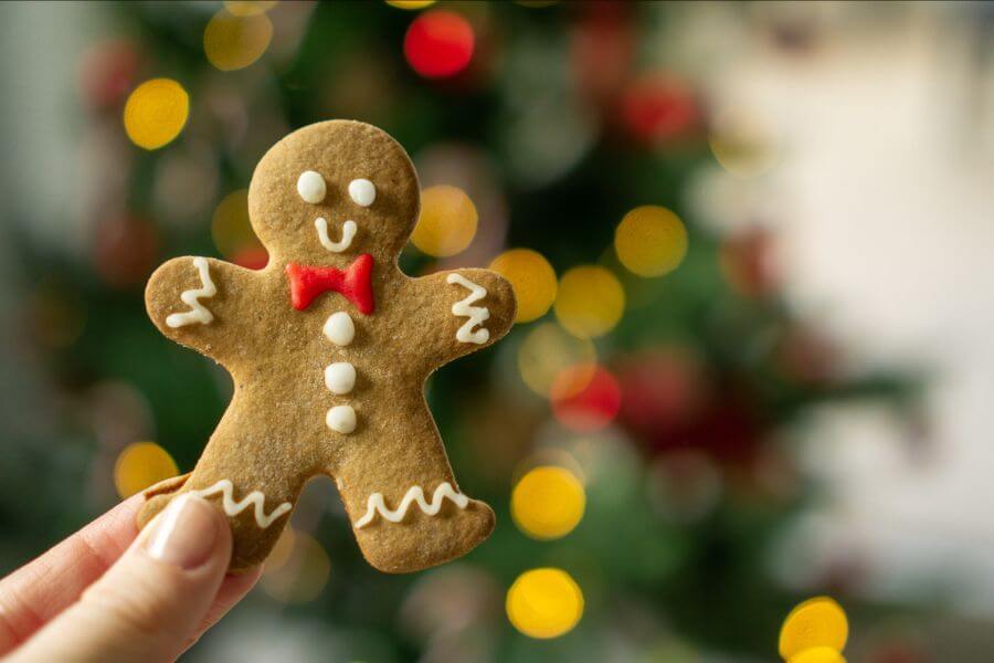 Christmas gingerbread cookie man in front of Christmas tree with blurred background