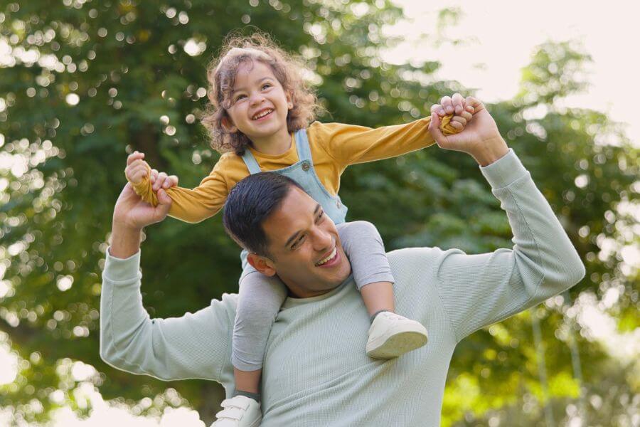 C162

Happy, piggyback and father with girl in nature, bonding and having fun. Smile, dad and carrying child on shoulders, play and enjoying quality family time together outdoor in park with love and care.