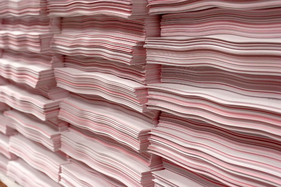 Stacks of printed documents. Shallow depth of field.