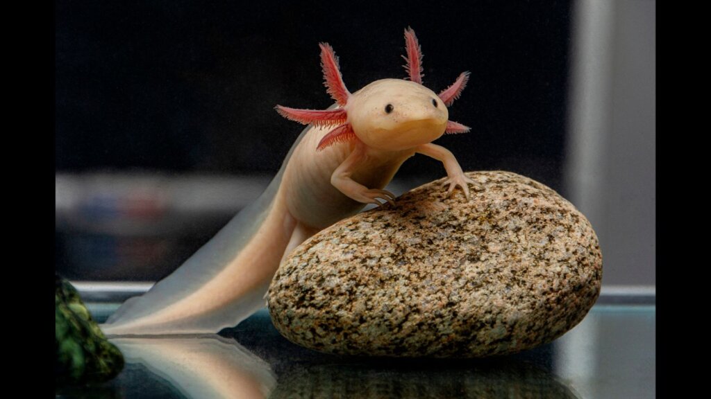 An axolotl poses on a stone.