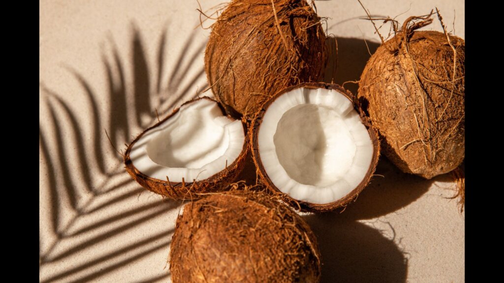 Fresh Coconuts on sandy beach with palm leaf shadow and sunlight.