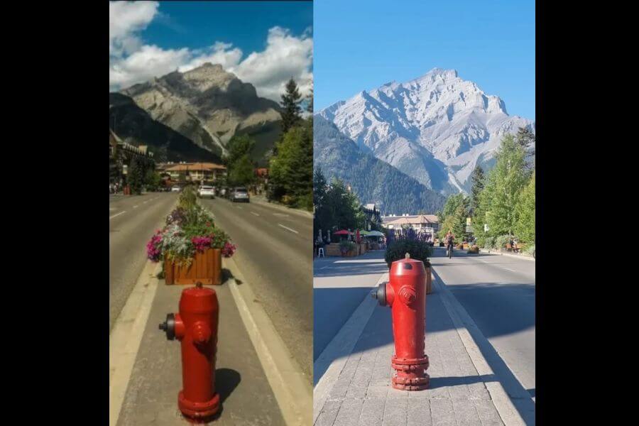 Side by side comparison  of two pictures showcasing a mountain