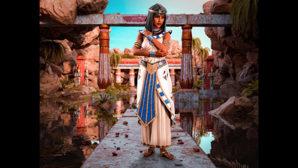  Cleopatra standing in a richly decorated temple.